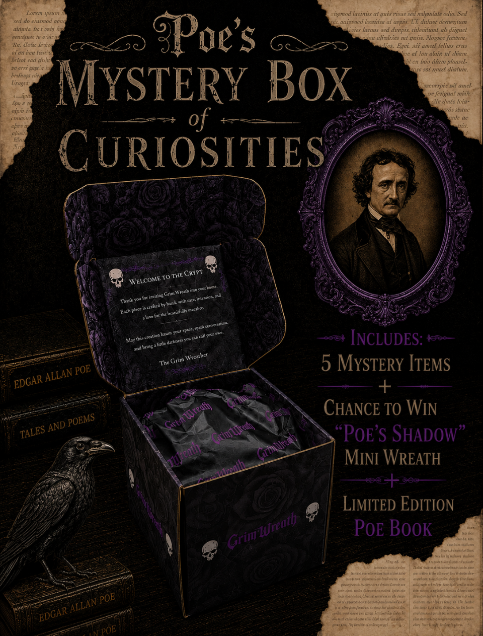 Poe's Mystery Box of Curiosities + Chance to Win Poe Mini Wreath + Limited Edition Illustrated Book